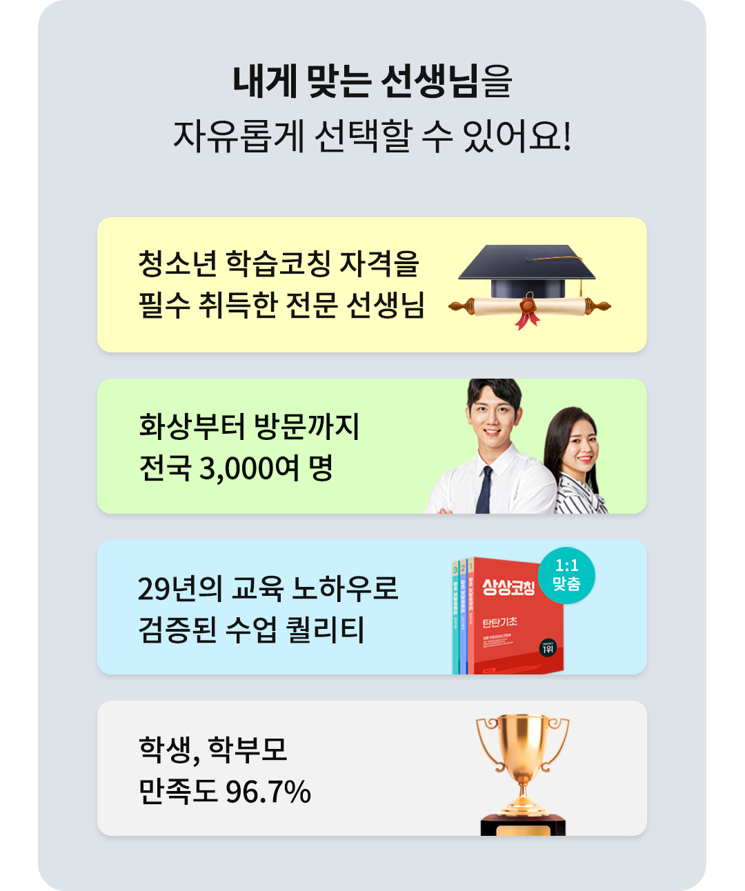 내게 맞는 선생님을 자유롭게 선택할 수 있어요!